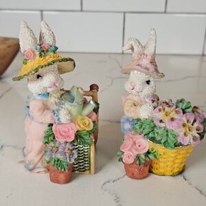 Easter Bunny Figurines Set of 2 Garden Watering Flowers Whimsical Decor